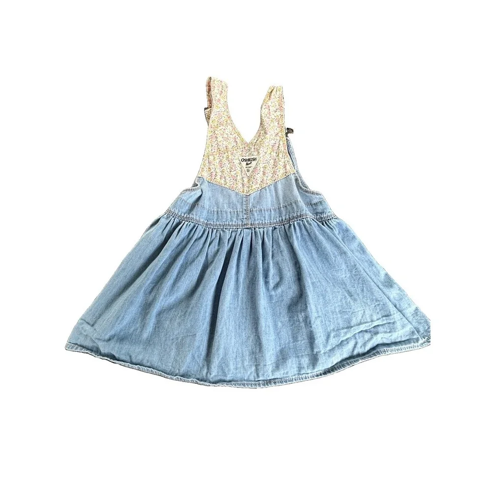 OshKosh B'gosh Girls 4T Denim Overall Jumper Dress Floral Pocket & Straps